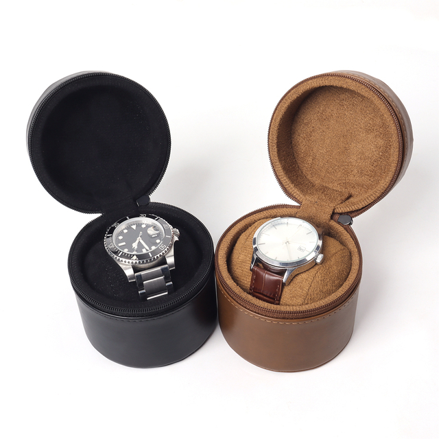 Wholesale Luxury Black and Brown Round Top Grain Leather Watch Box