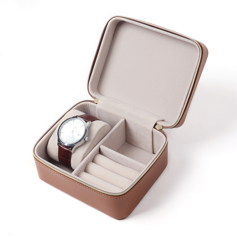 Wholesale Luxury Brown Round Top Grain Leather Watch Box