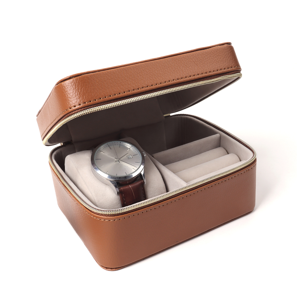 Wholesale Luxury Brown Round Top Grain Leather Watch Box