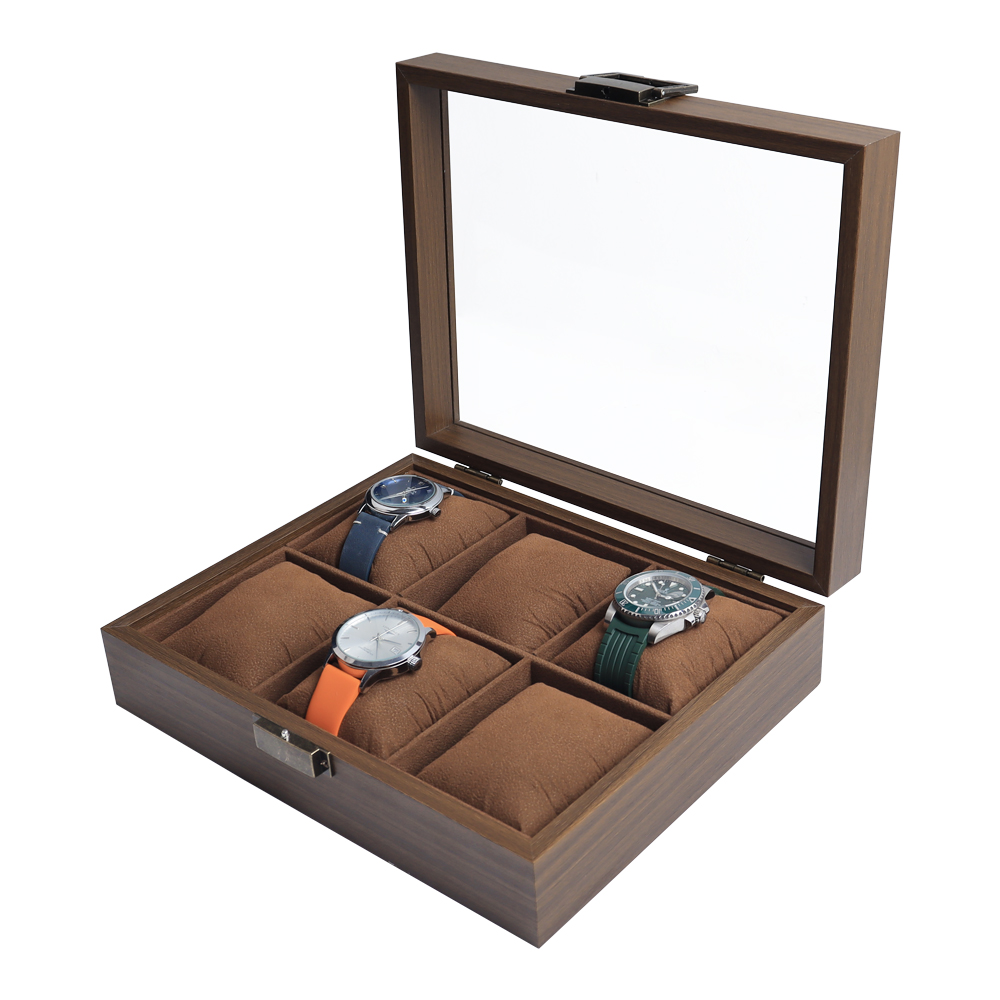 Customized 6 Slot Wood Watch Box With Glass Cover