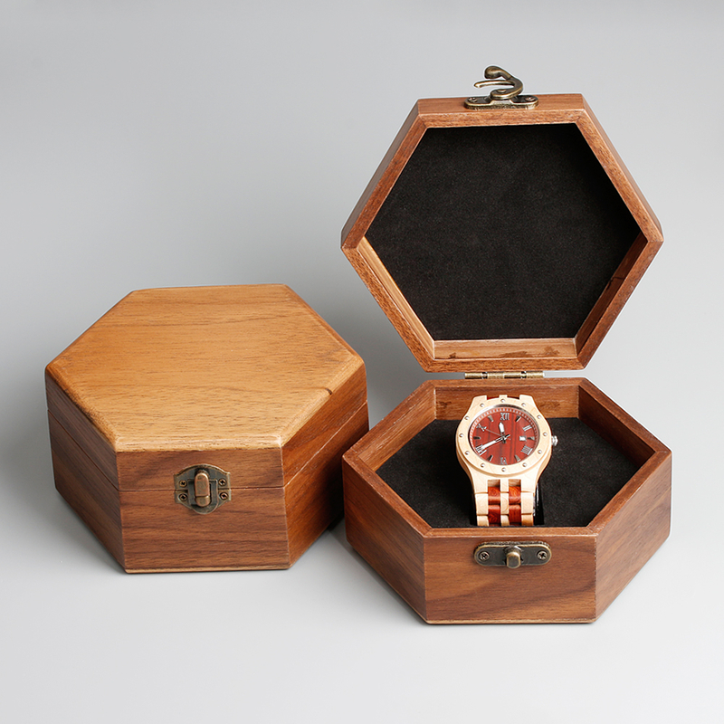 OEM Hexagonal Pure Natural Walnut Wood Watch Box With Your Brand