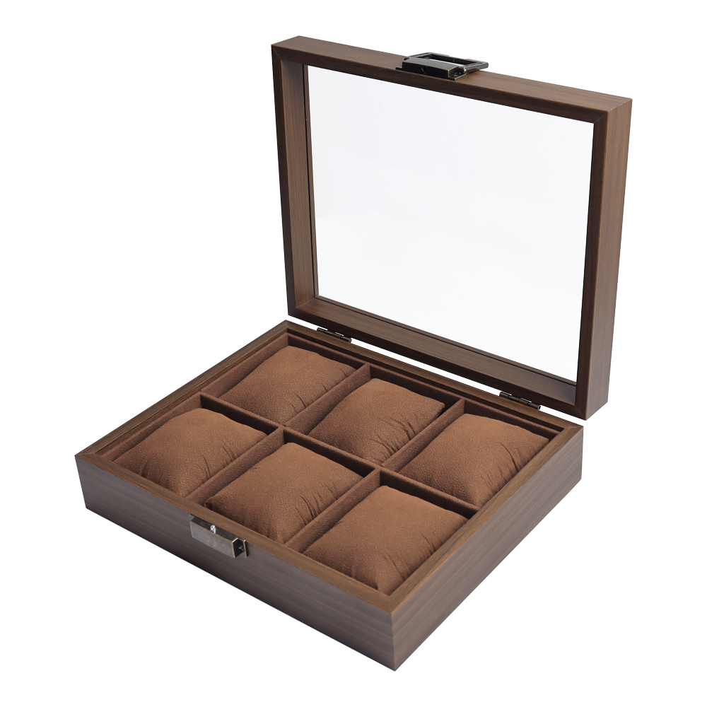 Customized 6 Slot Wood Watch Box With Glass Cover