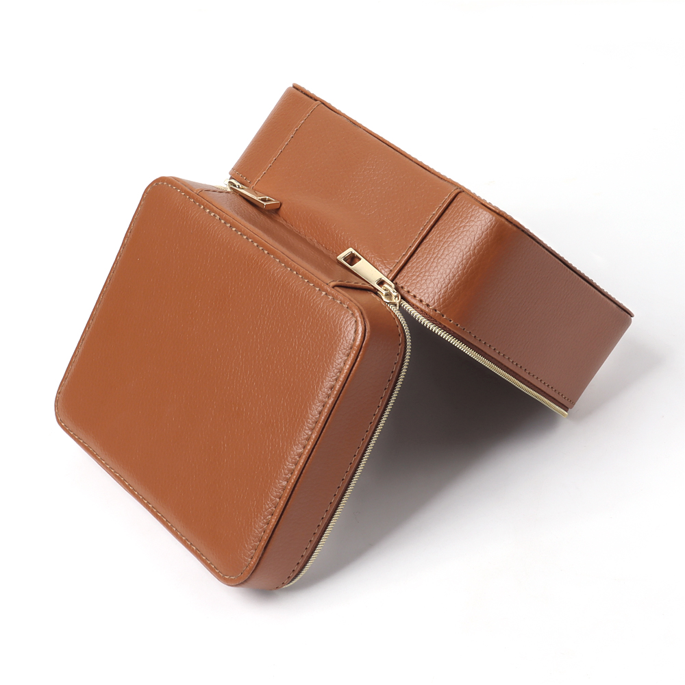 Wholesale Luxury Brown Round Top Grain Leather Watch Box