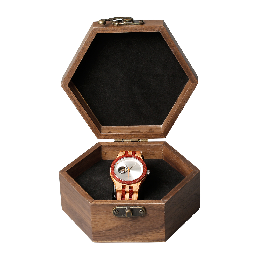 Custom Hexagon Natural Walnut Wooden Watch Boxes Can Engraved Logo From OVEWOOD