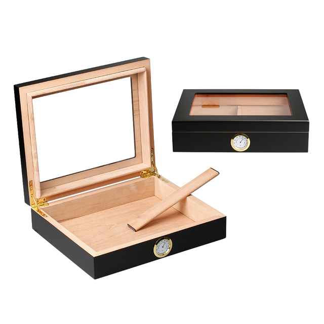 Black Natural Pine Wooden Cigar Boxes with Glass From OVEWOOD Factory
