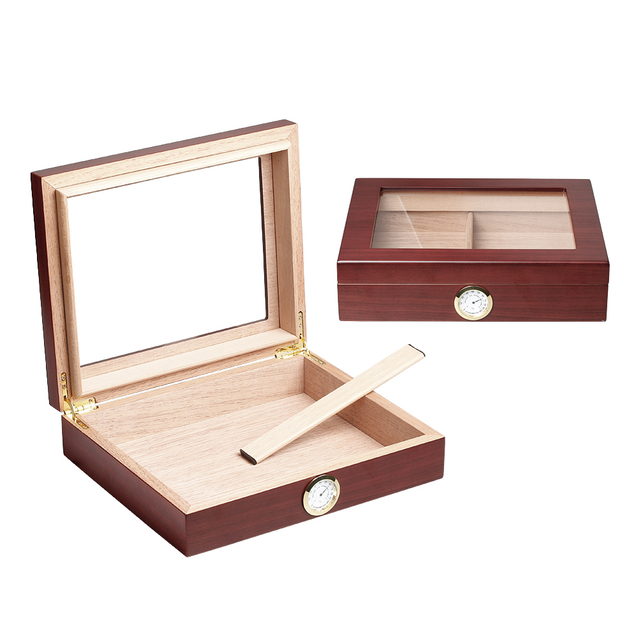 Red Natural Pine Wooden Cigar Boxes with Glass From OVEWOOD Factory