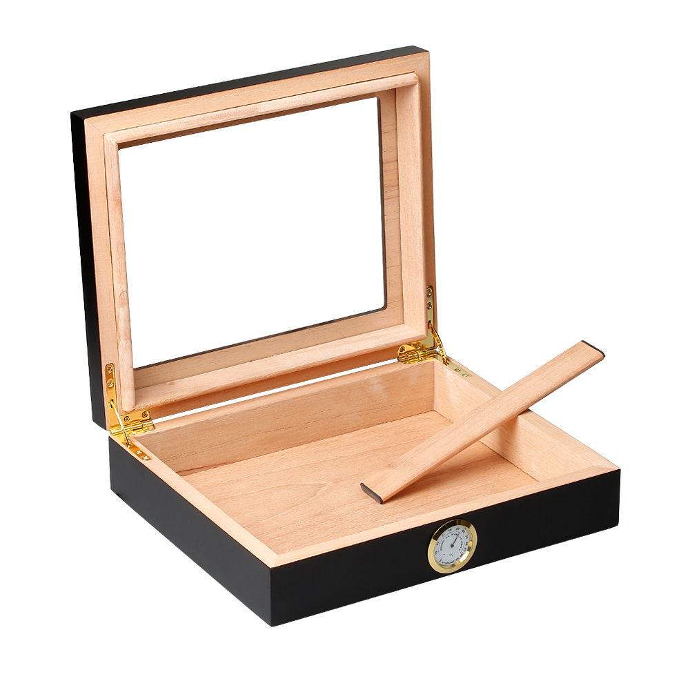 Black Natural Pine Wooden Cigar Boxes with Glass From OVEWOOD Factory