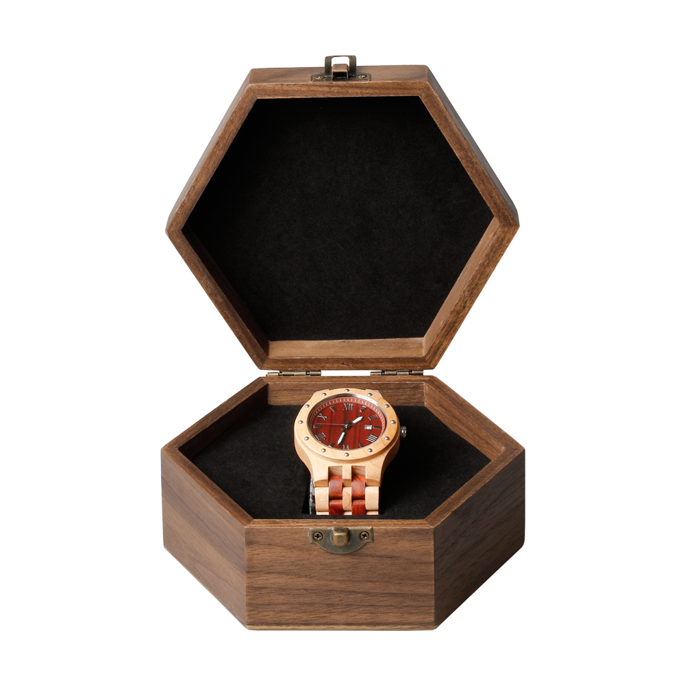 Custom Hexagon Natural Wooden Watch Boxes Can Engraved Logo From OVEWOOD