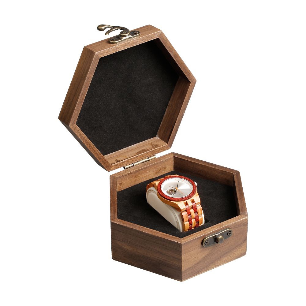 Custom Hexagon Natural Walnut Wooden Watch Boxes Can Engraved Logo From OVEWOOD